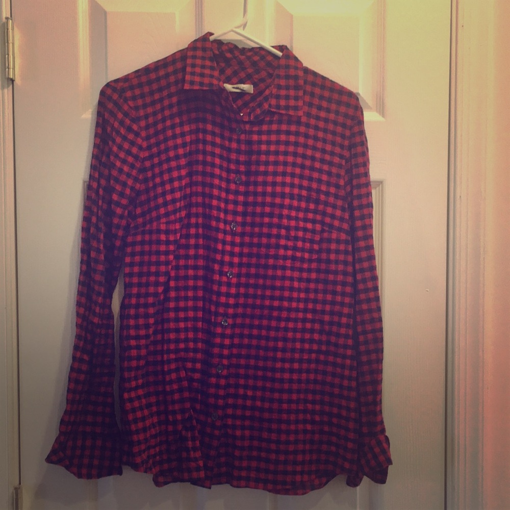 Navy and red button up